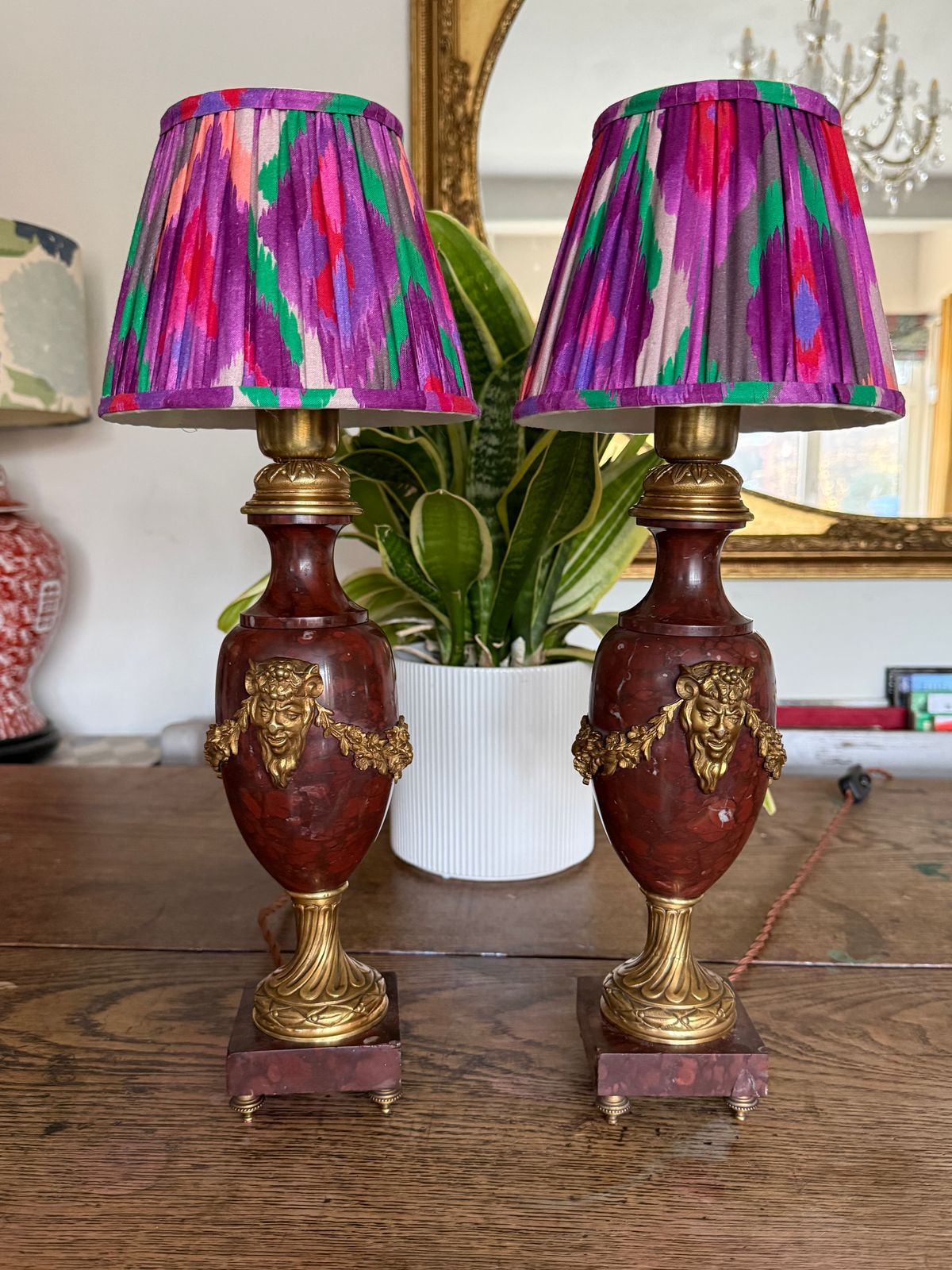 Pair Of French Red Marble And Brass Lights Table Lamps