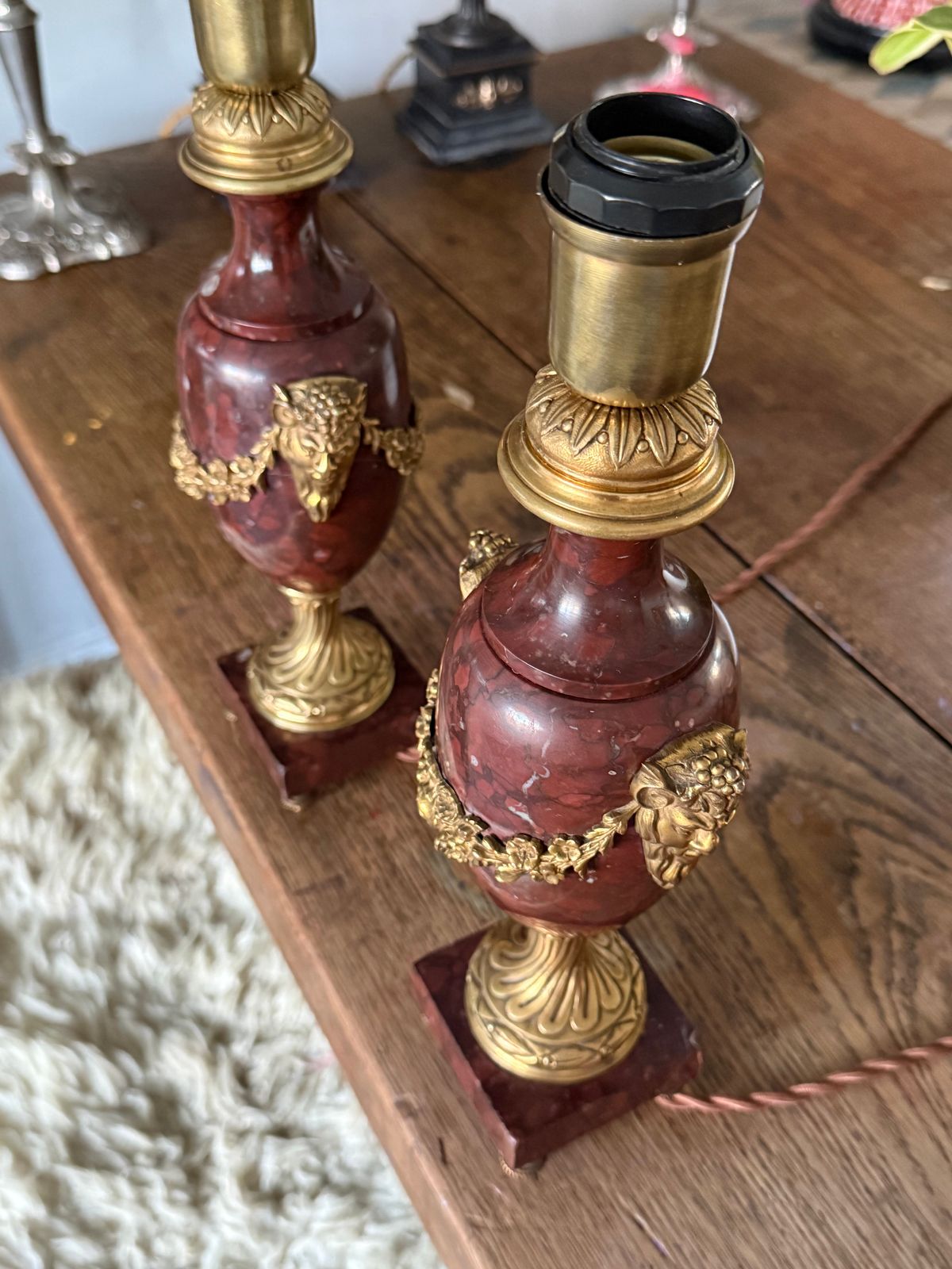 Pair Of French Red Marble And Brass Lights Table Lamps photo for sale