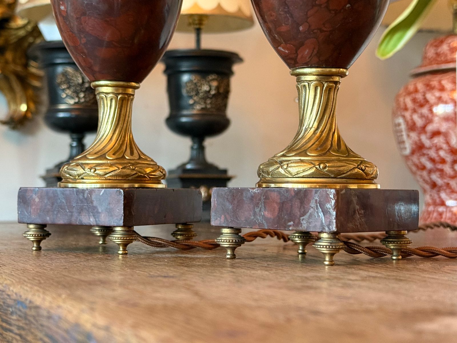 Pair Of French Red Marble And Brass Lights Table Lamps photo 675.0