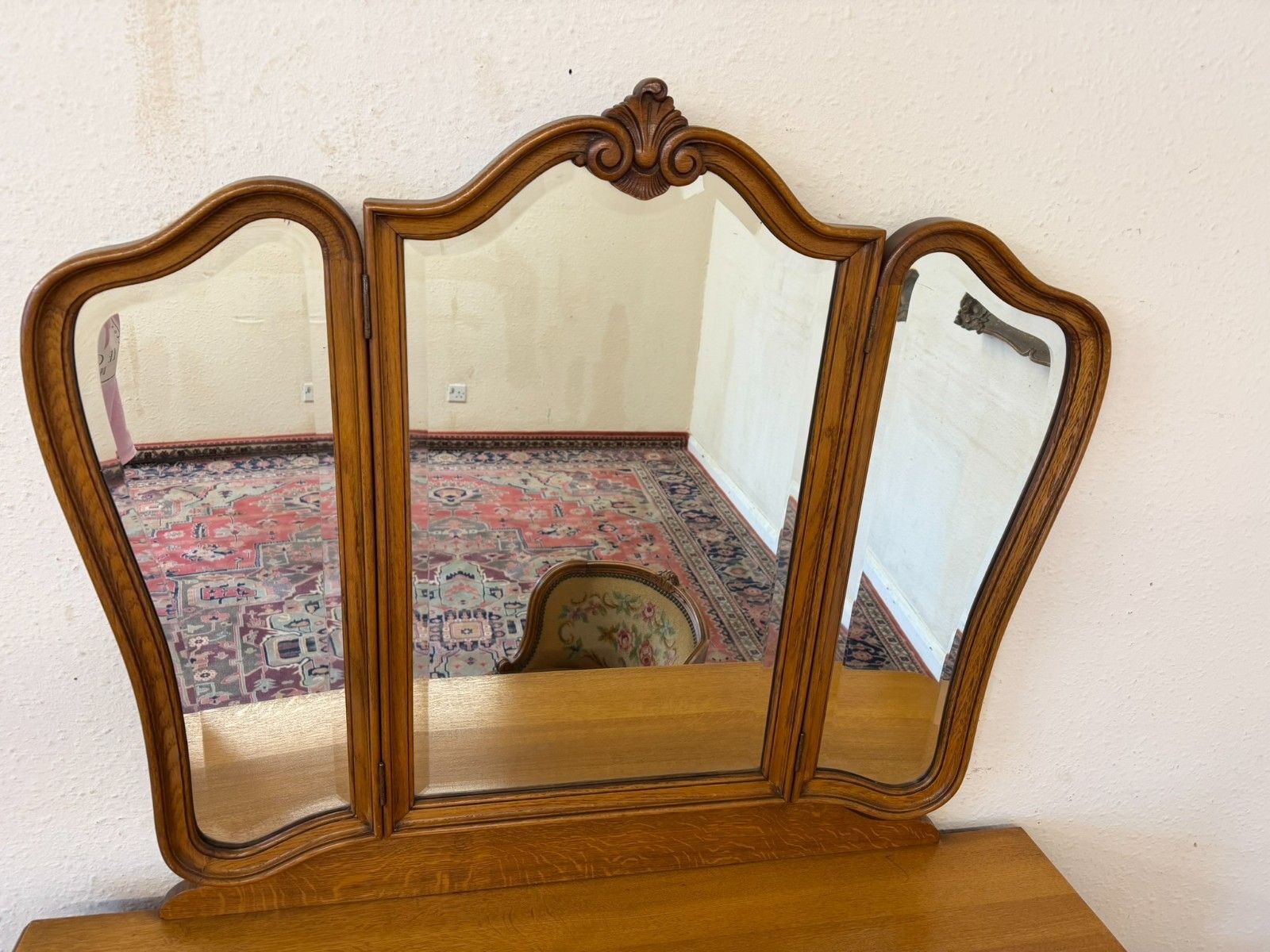 French Carved Oak Tripple Mirrored Dressing Table And Chair Circa 1950 photo buy