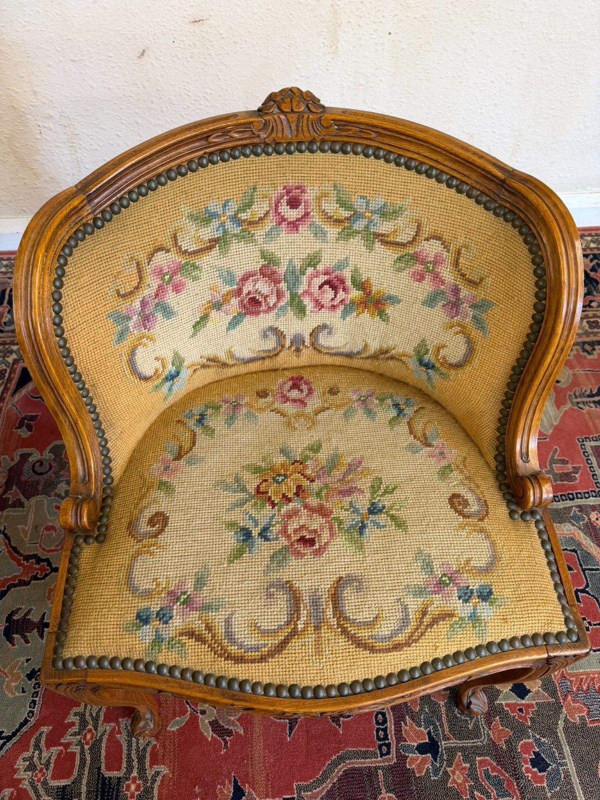 Furniture French Carved Oak Tripple Mirrored Dressing Table And Chair Circa 1950 photo