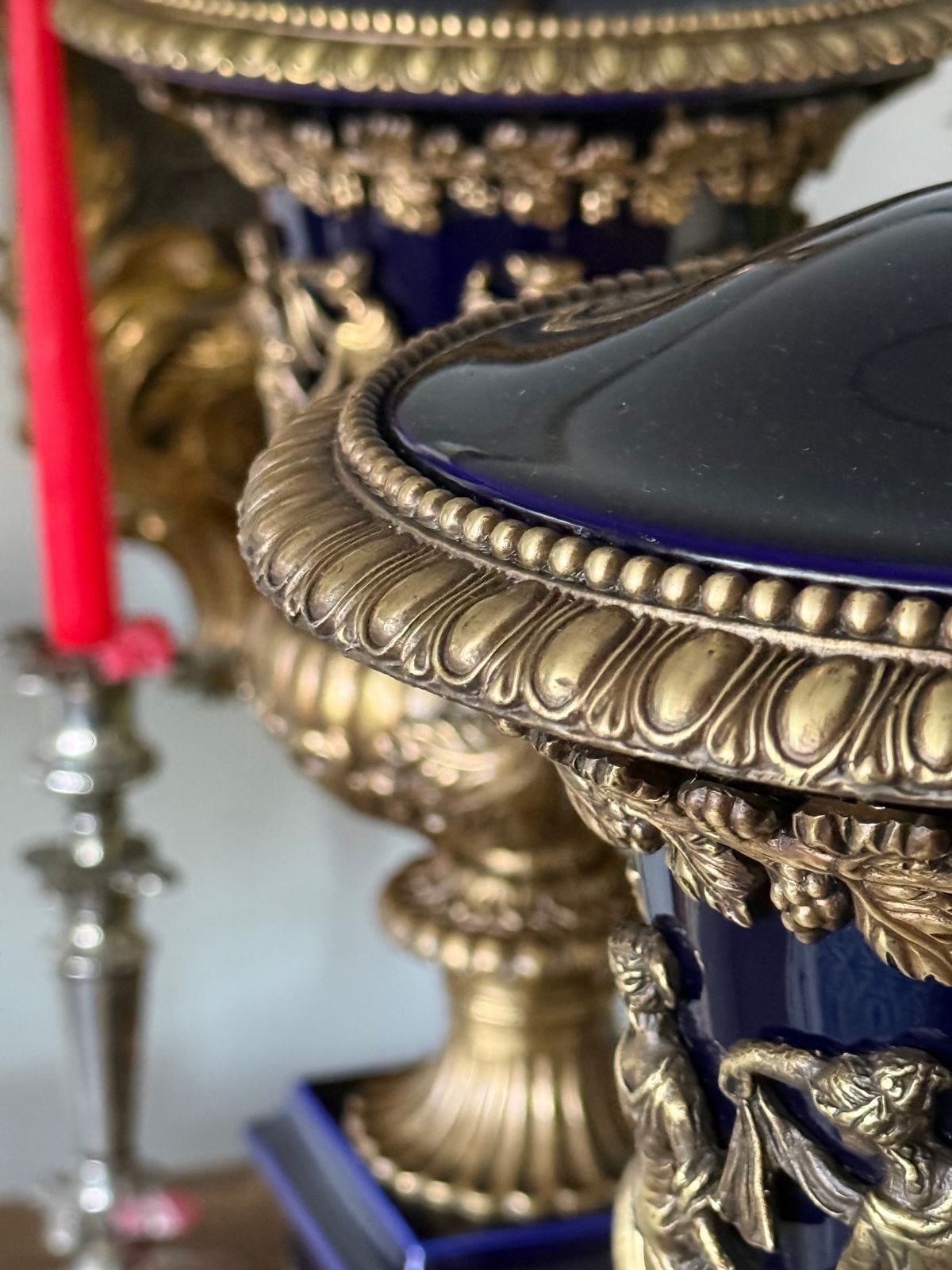 Pair Of Large Urn Lamps Brass And Blue Ceramic Lamps Regency Lamps photo for sale