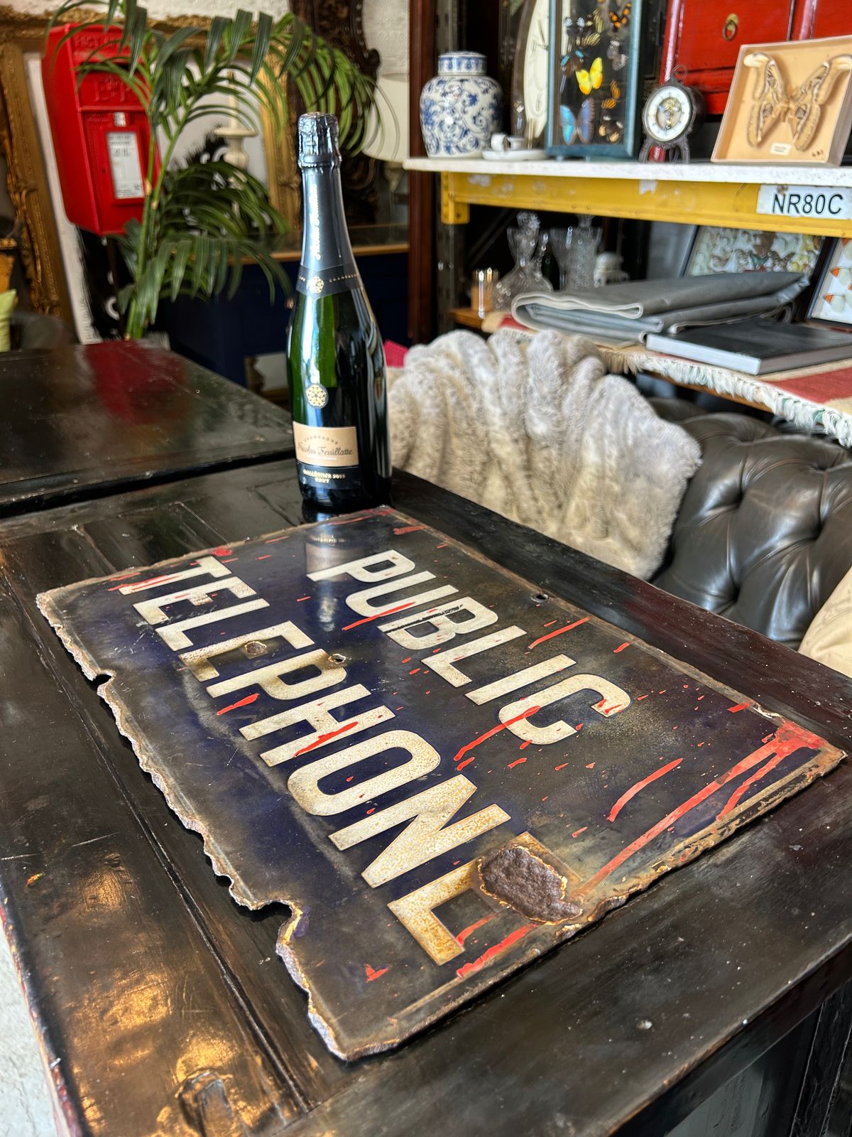 Vintage Enamel Public Telephone Sign Double Sided, 46x31 Cm. photo for sale