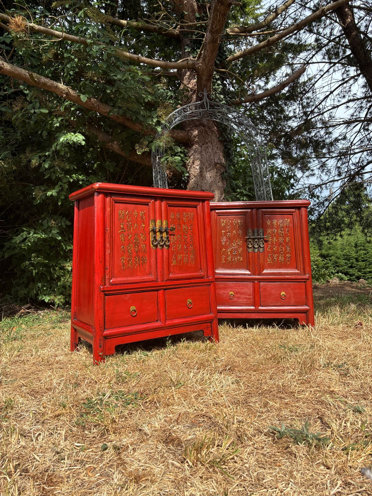 Antique Red Lacquered Chinese Bedside Tables Side Tables Cabinet photo furniture