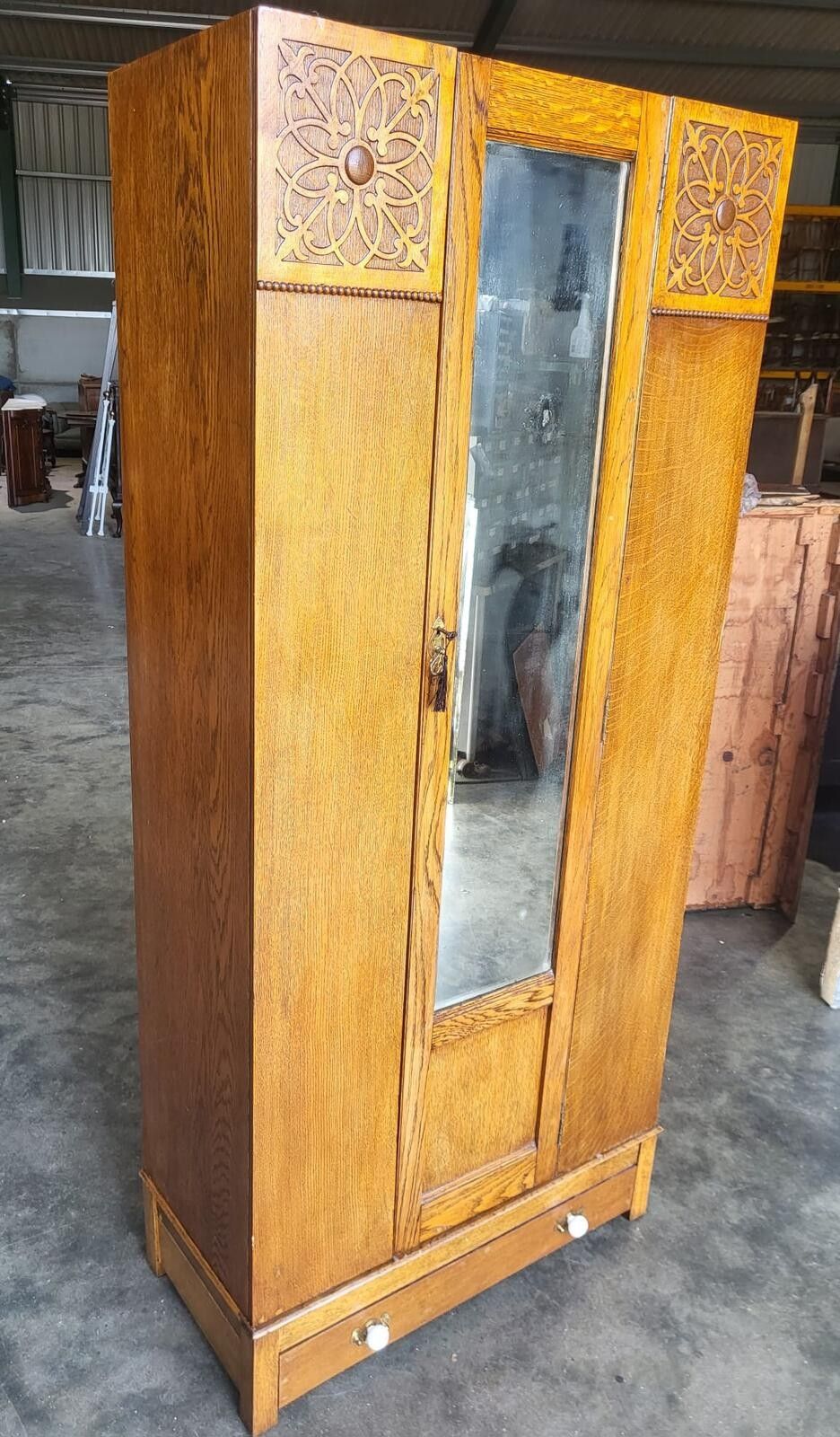 Antique Art Nouveau Oak Single Mirrored Door Wardobe Drawer photo Furniture
