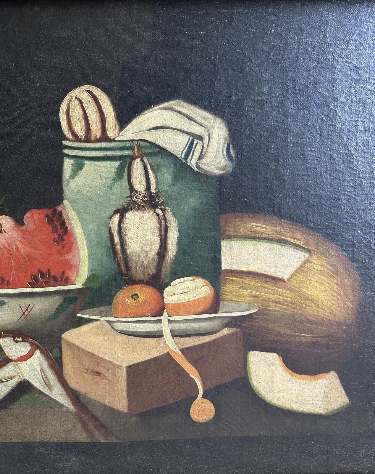 Large Antique Spanish Still Life Oil Painting | Fish, Fruit, Poultry & Bread | 19th Century photo for sale