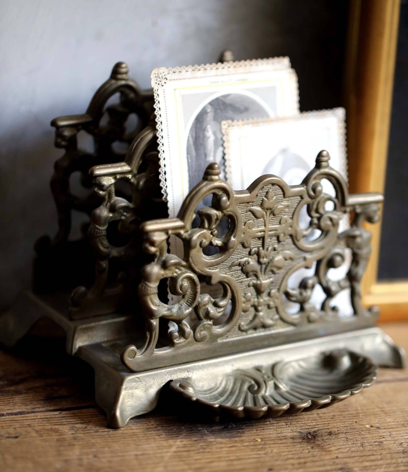 Antique Bronze Letter Rack Rococo French Paper Holder Desk Ornament photo for sale