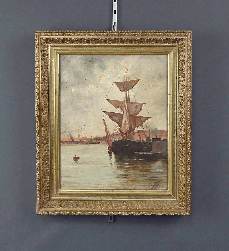 Painting "Sailboat On A Calm Sea", Oil On Canvas – Late 19th Century photo Art