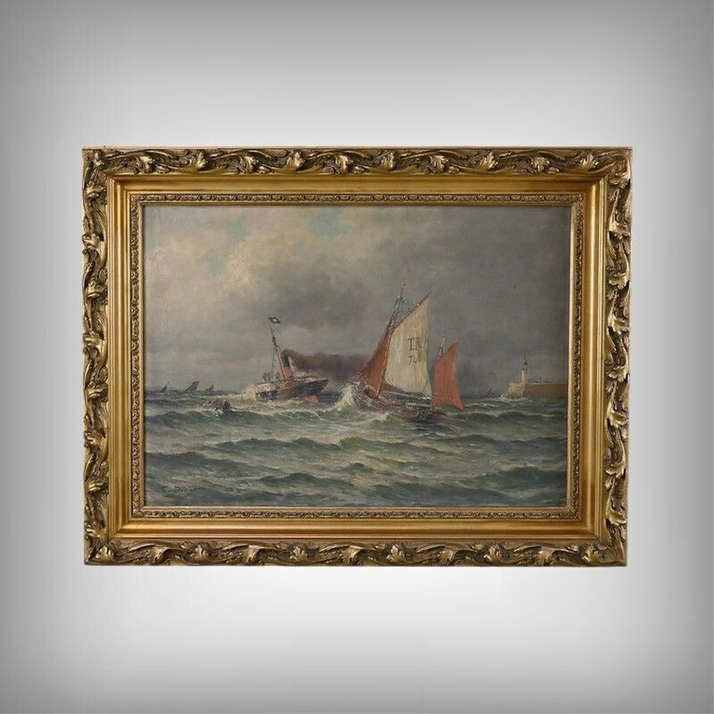 Painting "Entrance To The Port By Rough Seas", Oil On Canvas, Signed C. Demont – Early 20th Century