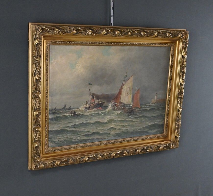 Painting "Entrance To The Port By Rough Seas", Oil On Canvas, Signed C. Demont – Early 20th Century photo for sale