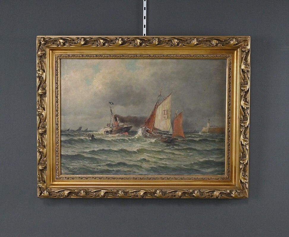 Painting "Entrance To The Port By Rough Seas", Oil On Canvas, Signed C. Demont – Early 20th Century photo 1670.0