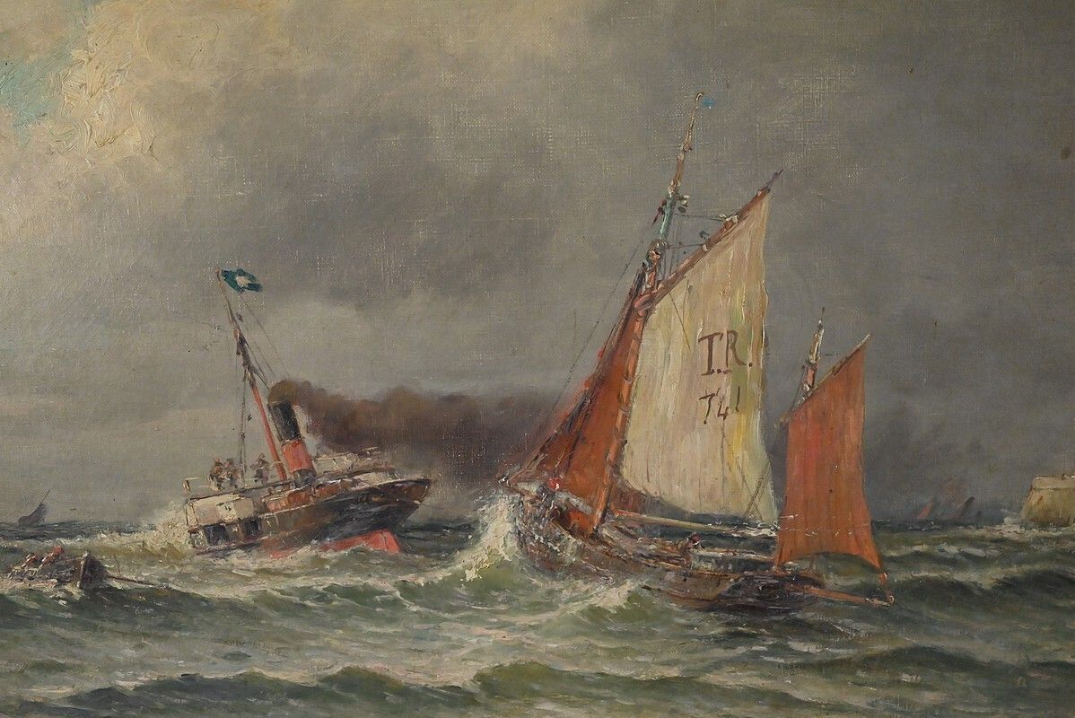 Painting "Entrance To The Port By Rough Seas", Oil On Canvas, Signed C. Demont – Early 20th Century photo buy
