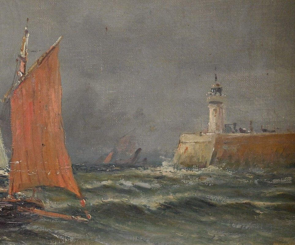 photo for sale Painting "Entrance To The Port By Rough Seas", Oil On Canvas, Signed C. Demont – Early 20th Century