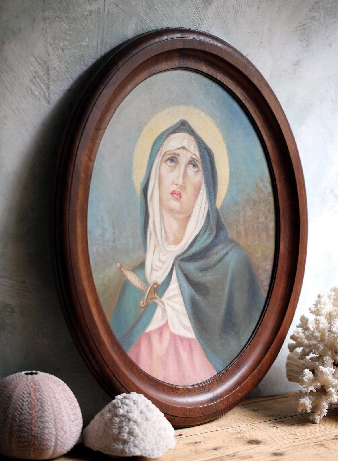Antique Our Lady Of Sorrows Oil Painting On Canvas Oval Madonna Portrait Virgin Mary photo for sale