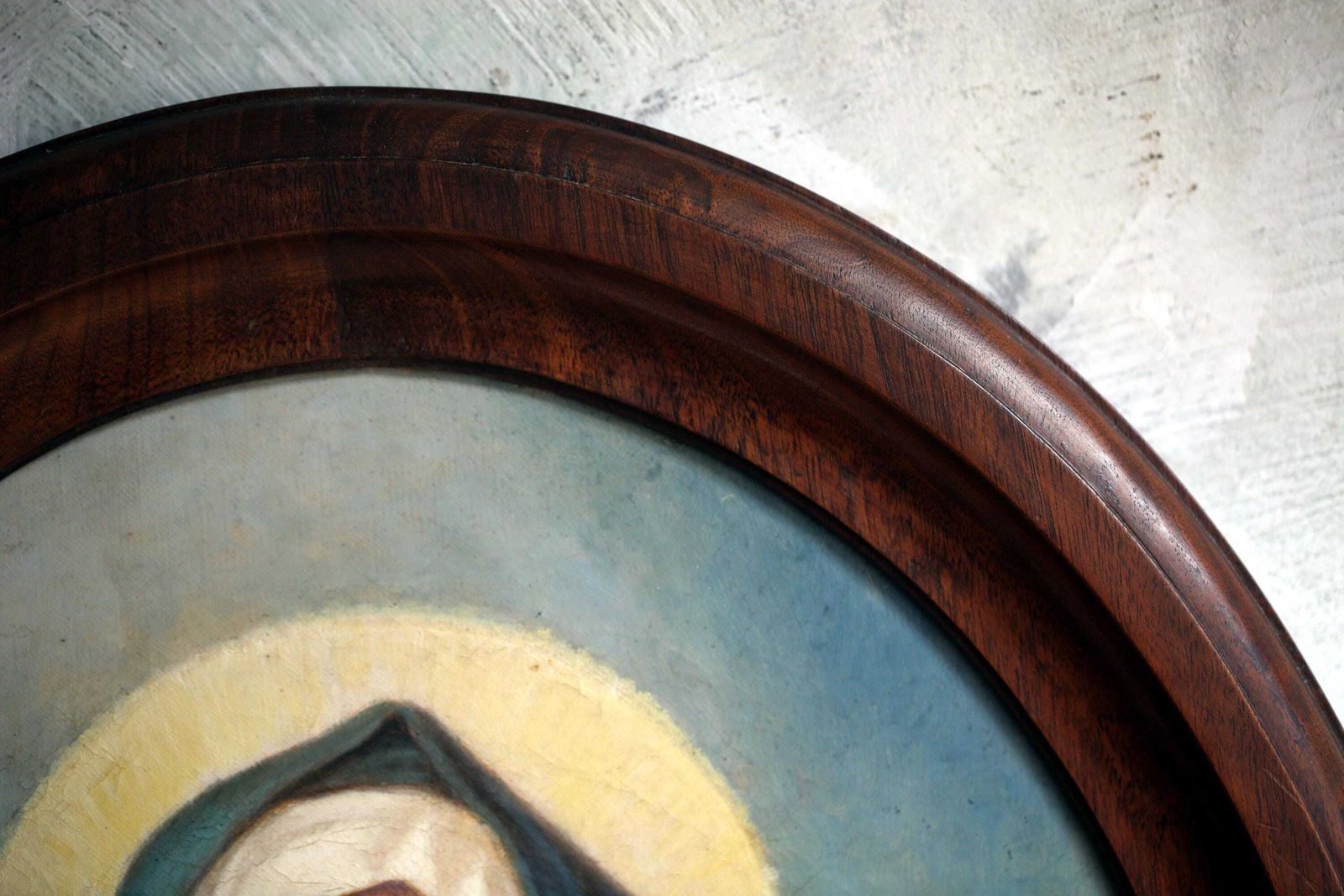 Antique Our Lady Of Sorrows Oil Painting On Canvas Oval Madonna Portrait Virgin Mary photo vintage