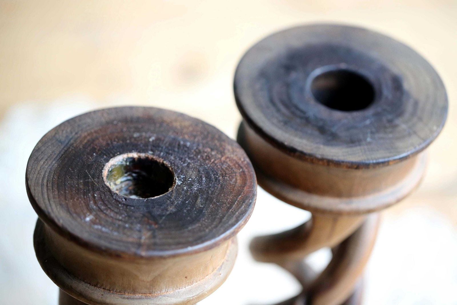 Pair Of Antique Open Barley Twist Candlesticks Carved Wood Spiral Candle Holders photo for sale
