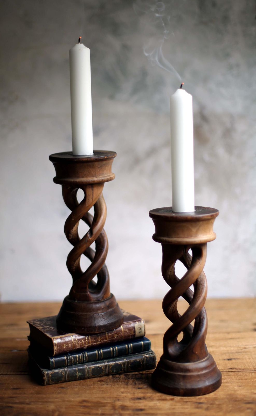 photo for sale Pair Of Antique Open Barley Twist Candlesticks Carved Wood Spiral Candle Holders