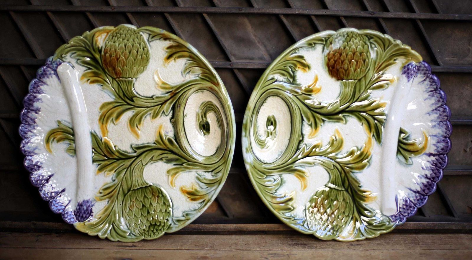 2 Antique Artichoke Plates Set Of Majolica French Asparagus Barbotine Serving Dishes Orchies photo 158.0
