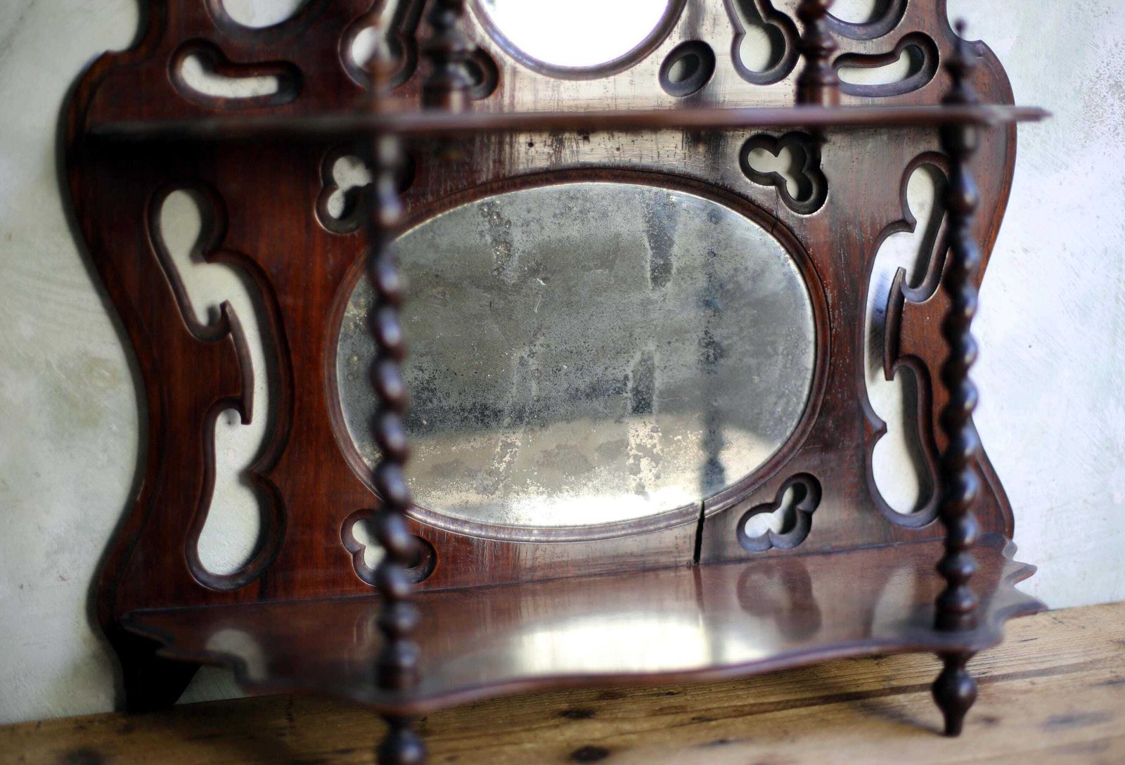 Antique Barely Twist Shelves French Art Nouveau Carved Wooden Shelf Mercury Glass Mirror photo buy