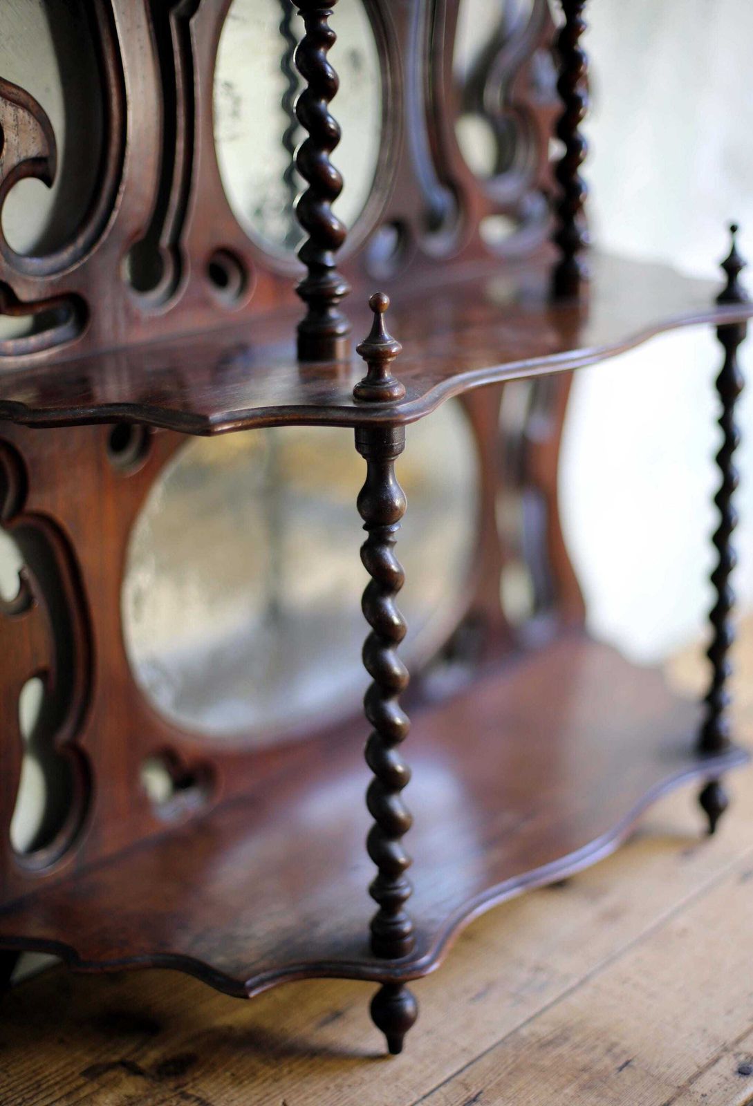 photo for sale Antique Barely Twist Shelves French Art Nouveau Carved Wooden Shelf Mercury Glass Mirror
