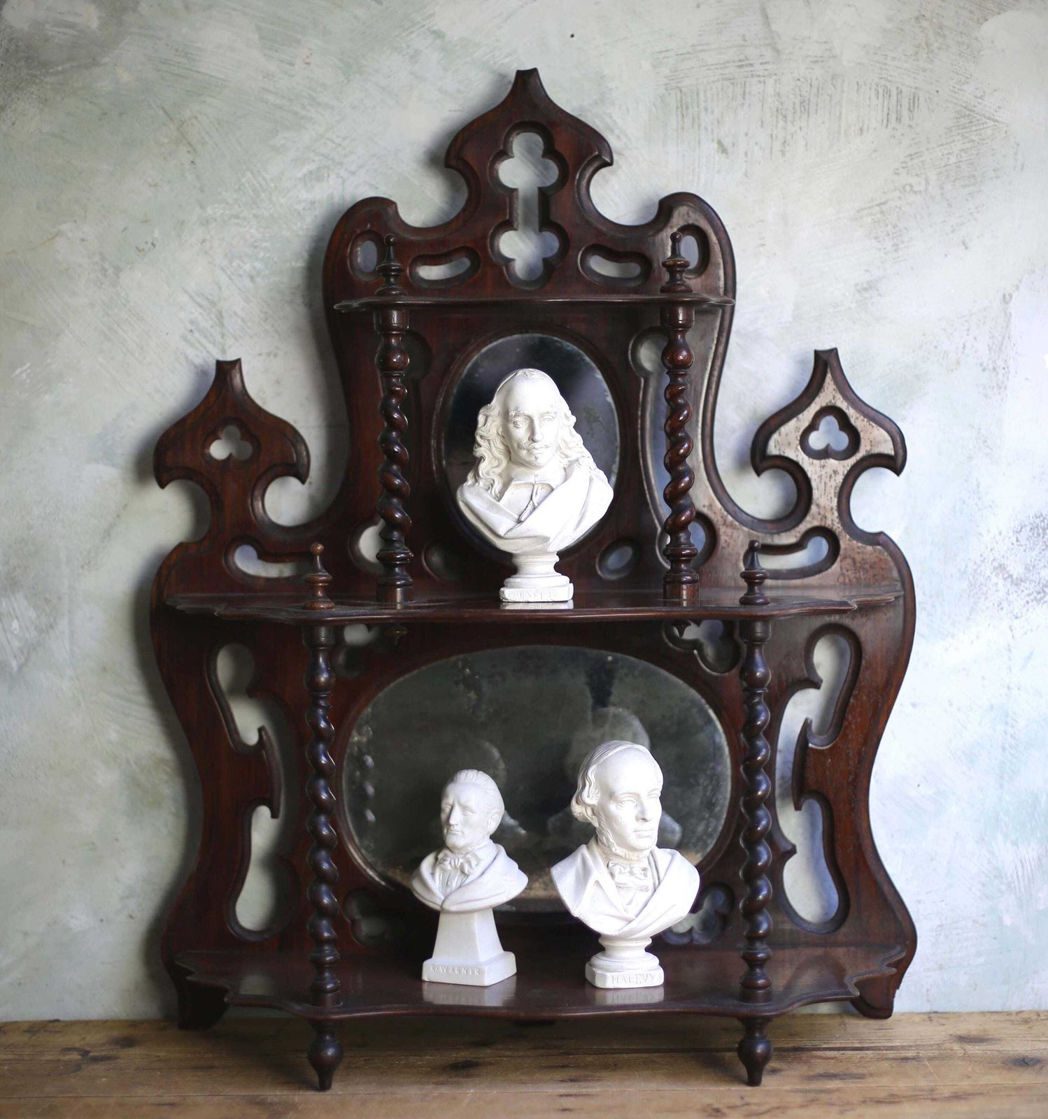 Home Decor Antique Barely Twist Shelves French Art Nouveau Carved Wooden Shelf Mercury Glass Mirror photo
