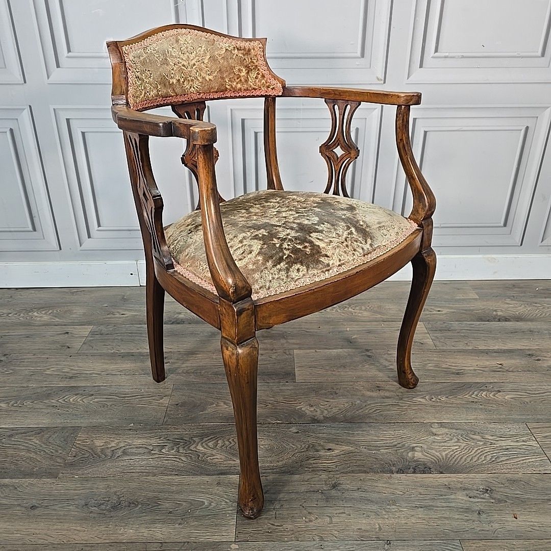 Antique Inlaid Armchair Edwardian Bedroom Chair Upholstered Wooden Elbow Seat