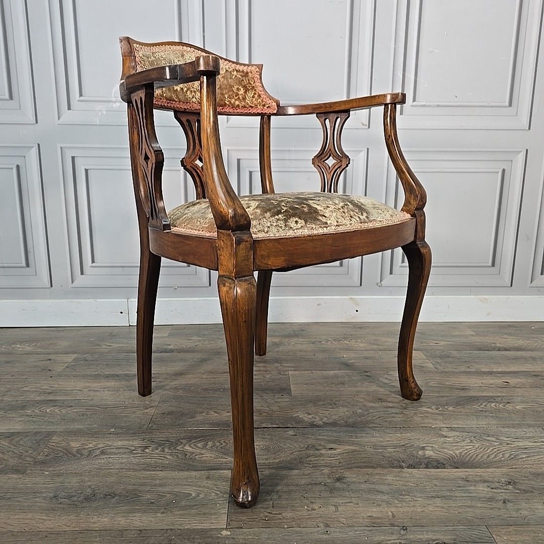 Antique Inlaid Armchair Edwardian Bedroom Chair Upholstered Wooden Elbow Seat photo furniture