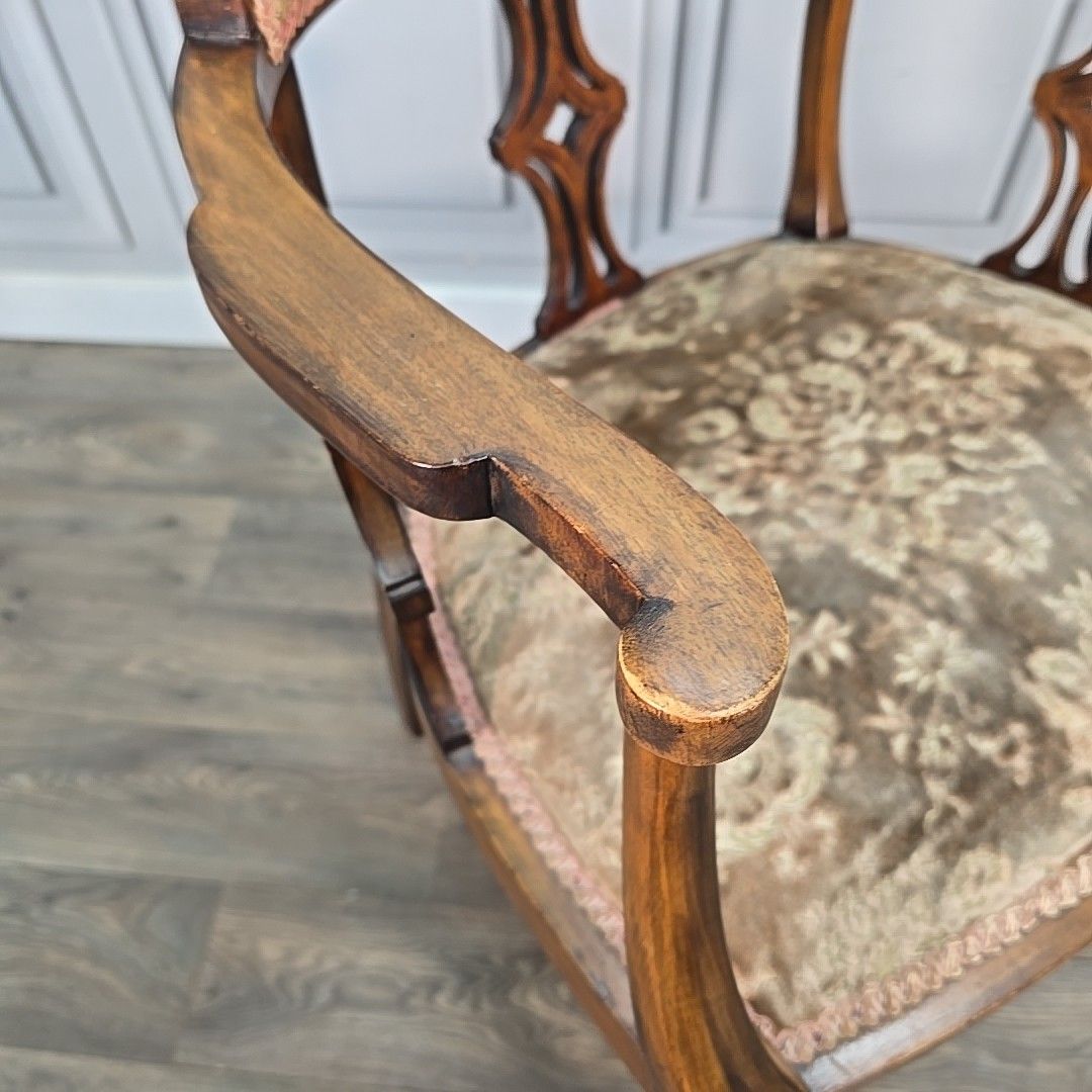 Antique Inlaid Armchair Edwardian Bedroom Chair Upholstered Wooden Elbow Seat photo 170.0