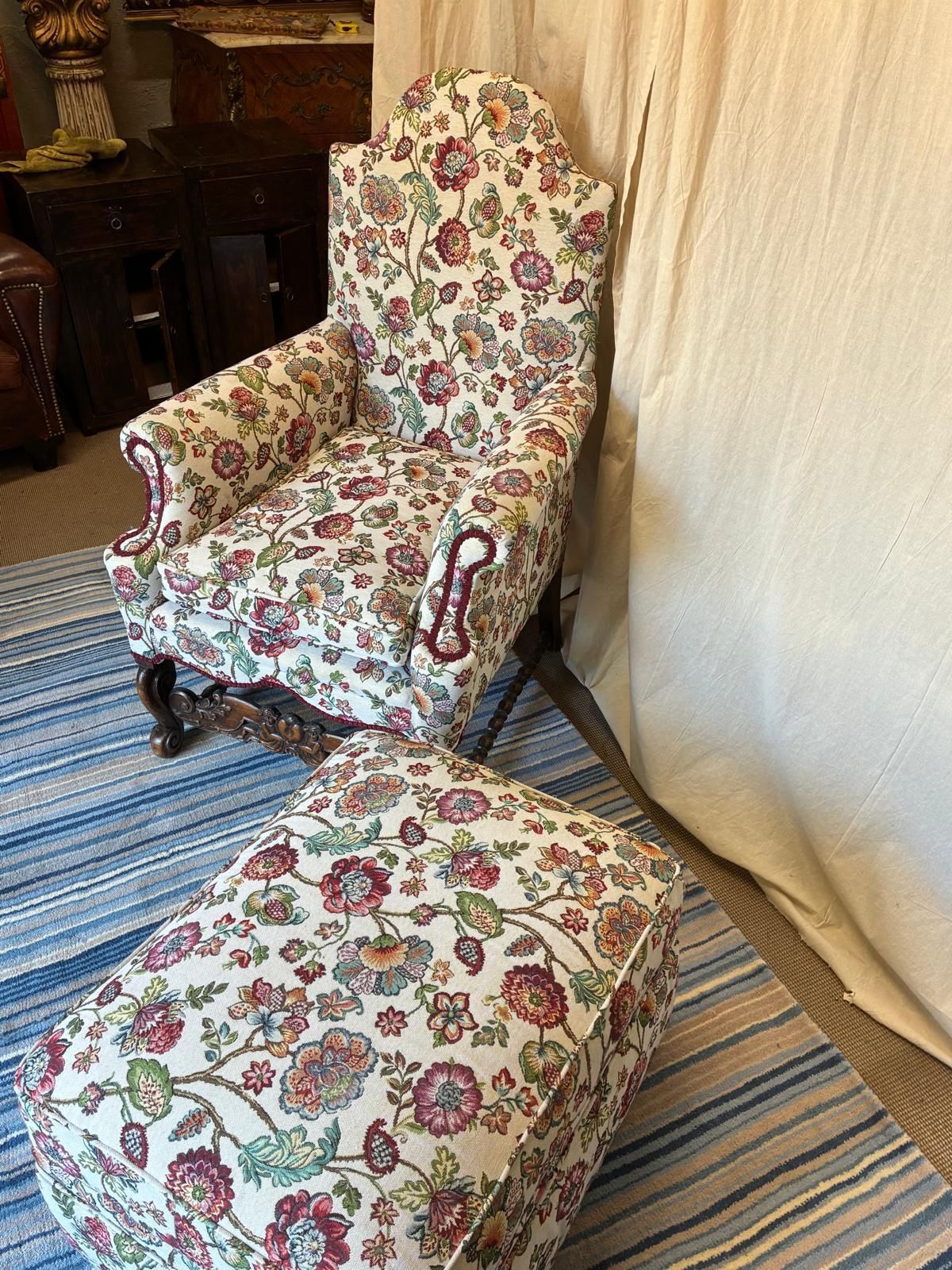 Antique Georgian Style Armchair New Upholstered With Modern Storage Footstool photo furniture