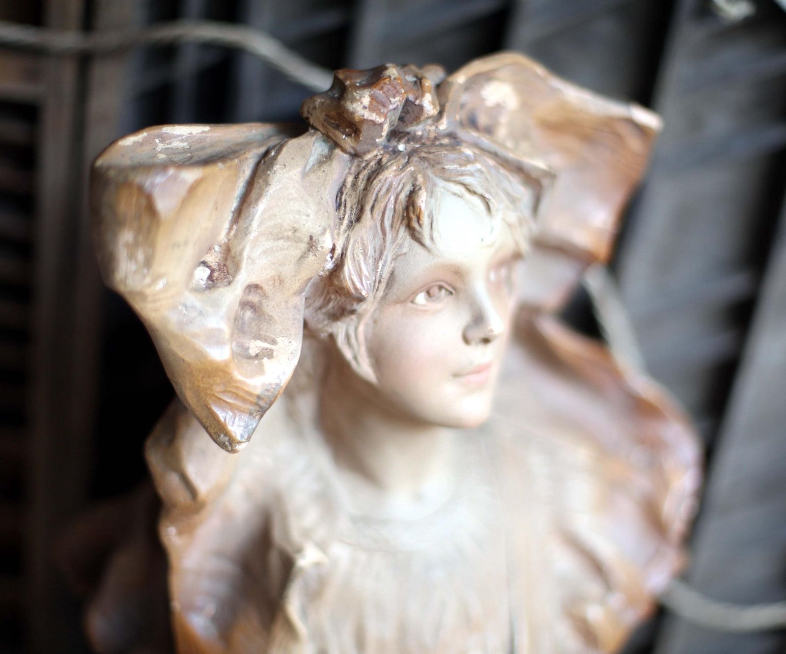 photo furniture Art Nouveau Statue Of A Lady Antique Bust Chalkware Young Woman C.1900