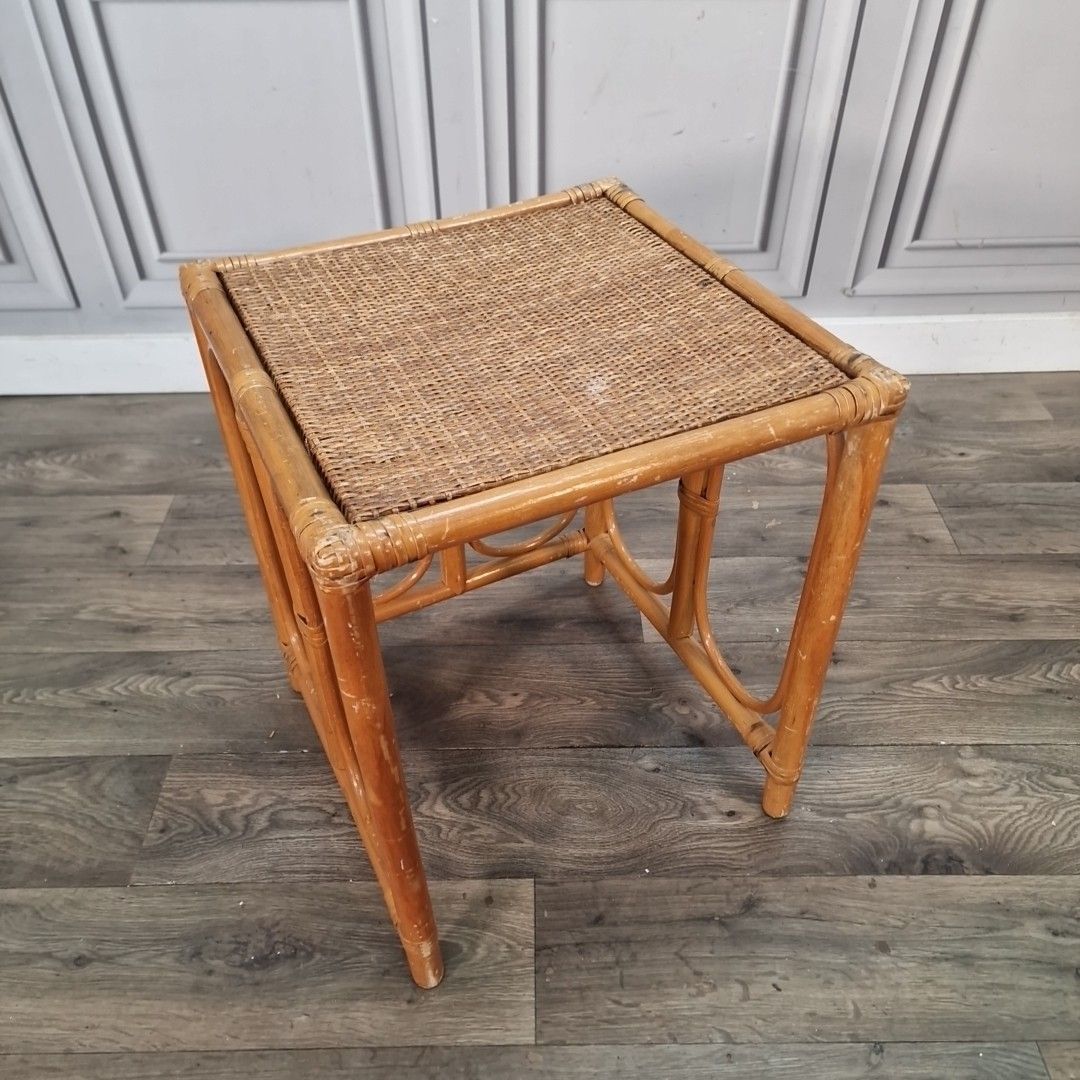 Vintage Rattan Side Table Cane Top Wicker Lamp Occasional Boho Bamboo Style photo furniture