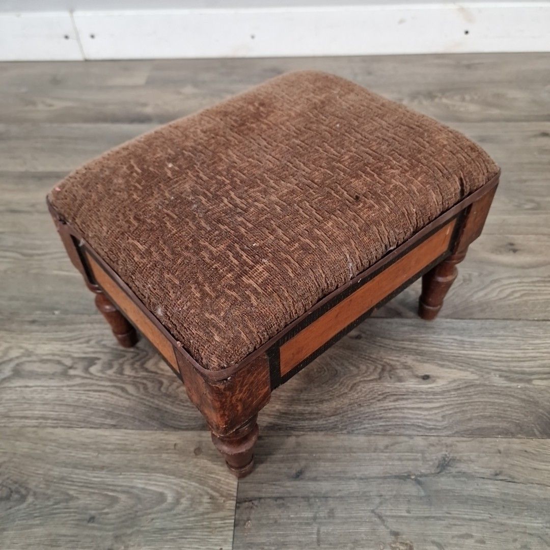 Vintage Small Foot Stool Upholstered Oak Bench Arts & Crafts Style Wooden photo furniture