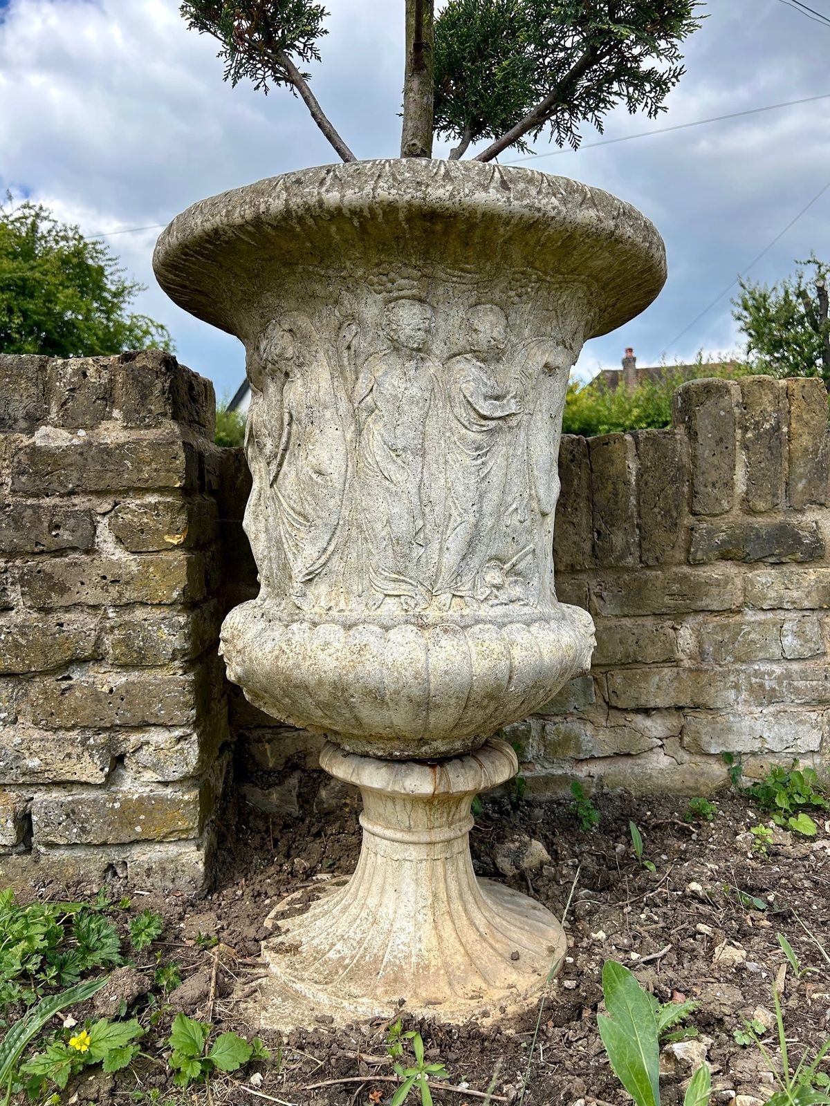 Set Of 3 Weathered Urns Planters With Cloud Trees Antique Style Garden Urns photo vinterior