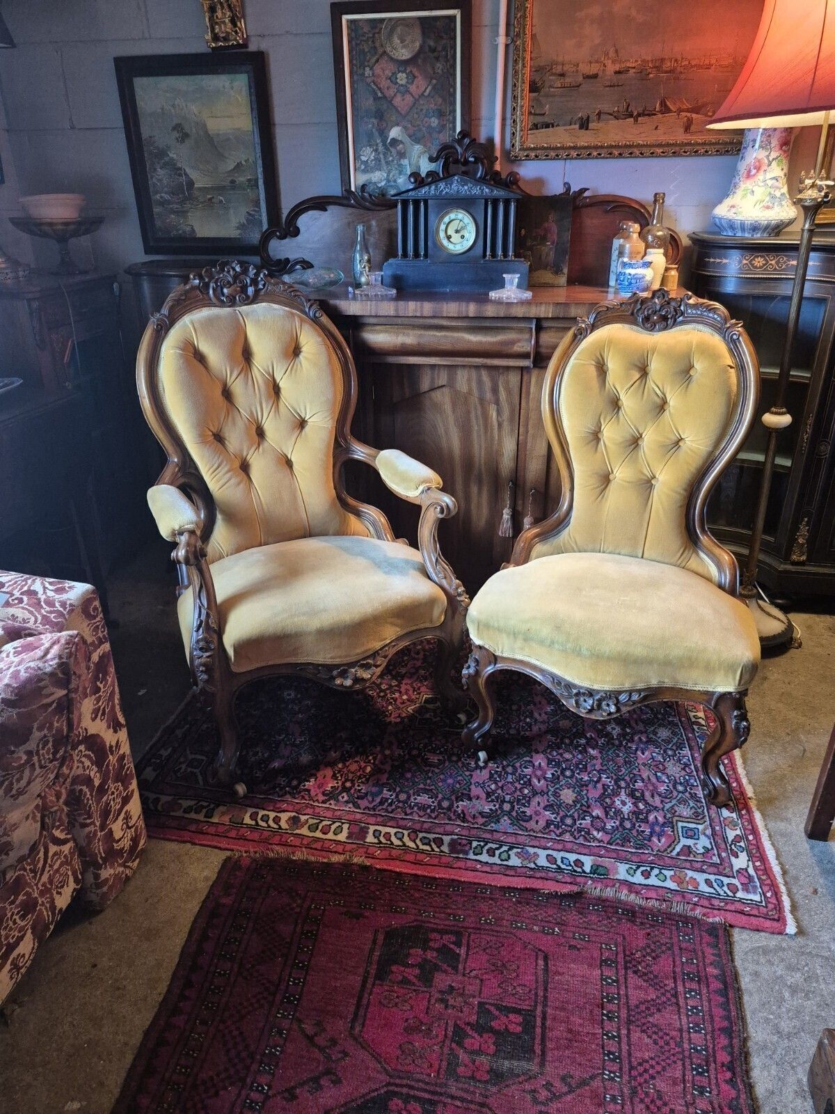 A Fab Pair Of Floral Carved Victorian Walnut Mustard Velvet Arm & Nursing Chairs photo 295.0