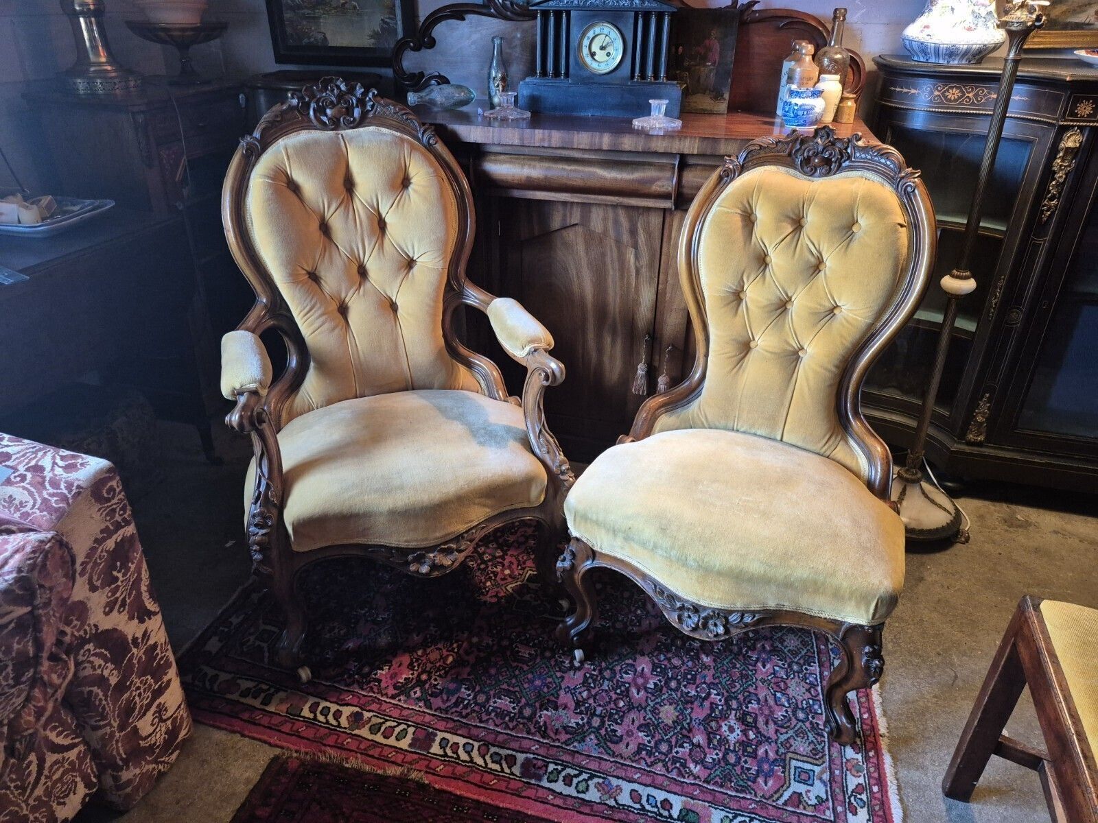 A Fab Pair Of Floral Carved Victorian Walnut Mustard Velvet Arm & Nursing Chairs photo vintage