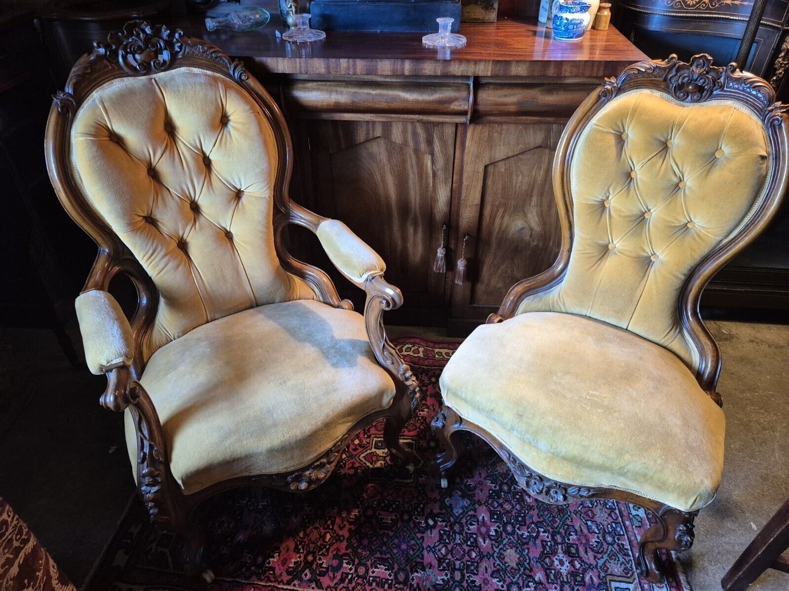 Furniture A Fab Pair Of Floral Carved Victorian Walnut Mustard Velvet Arm & Nursing Chairs photo