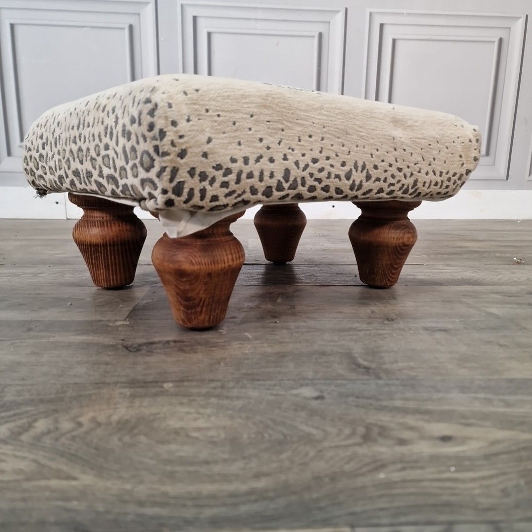 Vintage Small Leopard Footstool Upholstered Animal Print Ottoman Stool Pine Feet photo for sale