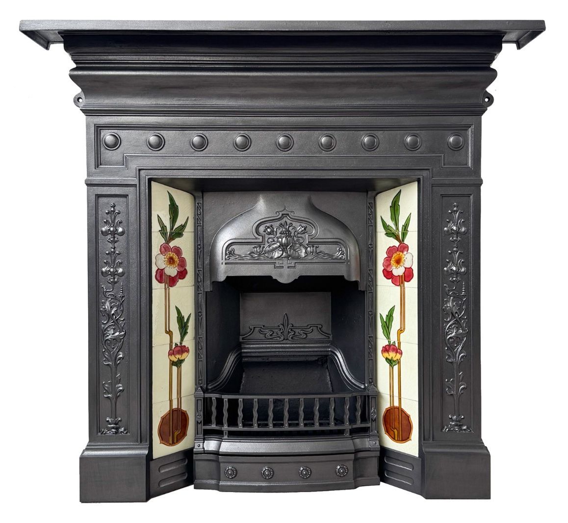 Edwardian Cast Iron Tiled Fireplace Circa 1902. Large Antique Reclaimed Restored