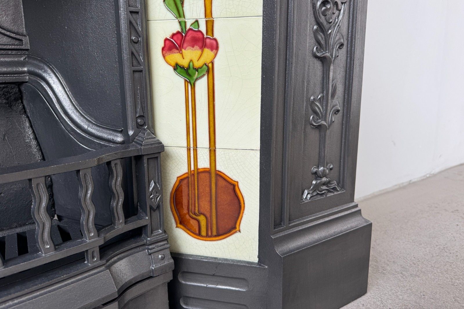 Home Fixtures Edwardian Cast Iron Tiled Fireplace Circa 1902. Large Antique Reclaimed Restored photo