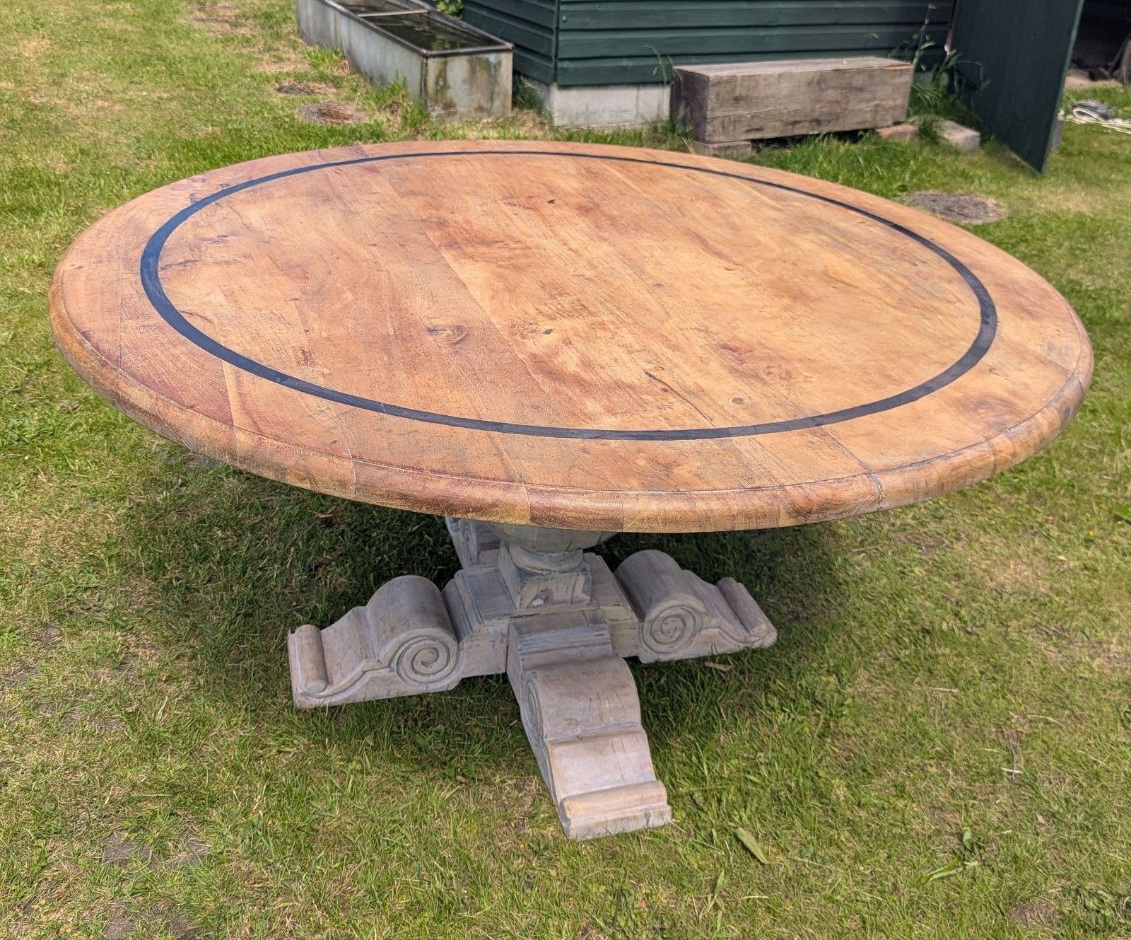 Large Vintage Acacia Wood Round Pedestal Table Delivery Available 0334. photo vinterior