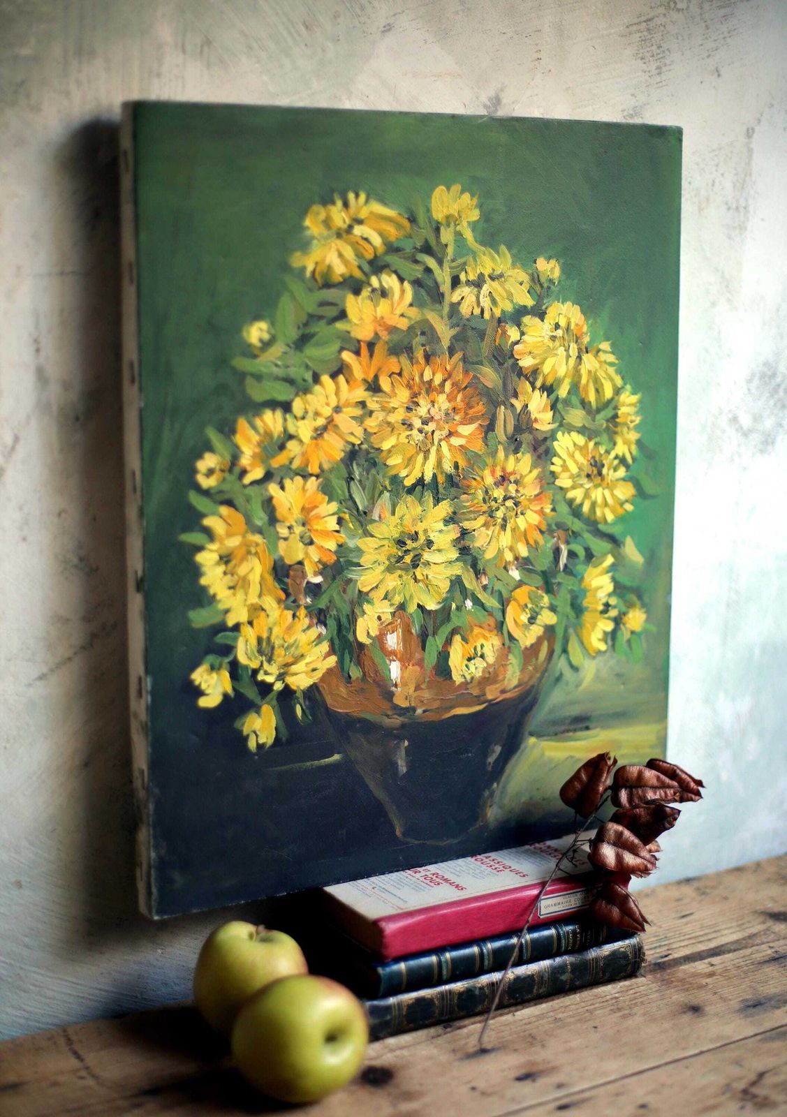 Original French Oil Painting On Canvas Yellow Sunflowers Flowers Floral Still Life Picture photo furniture