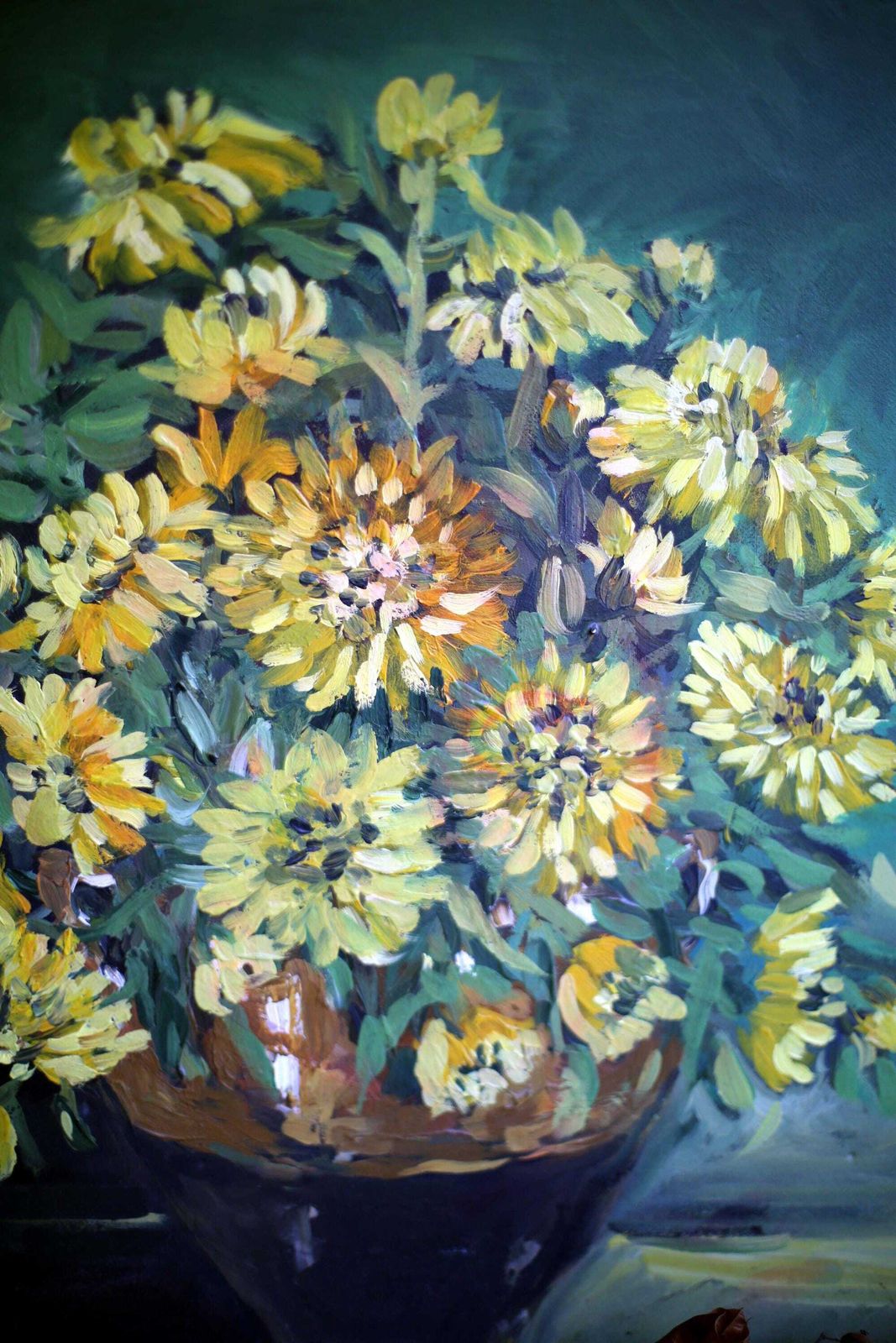 Original French Oil Painting On Canvas Yellow Sunflowers Flowers Floral Still Life Picture photo for sale