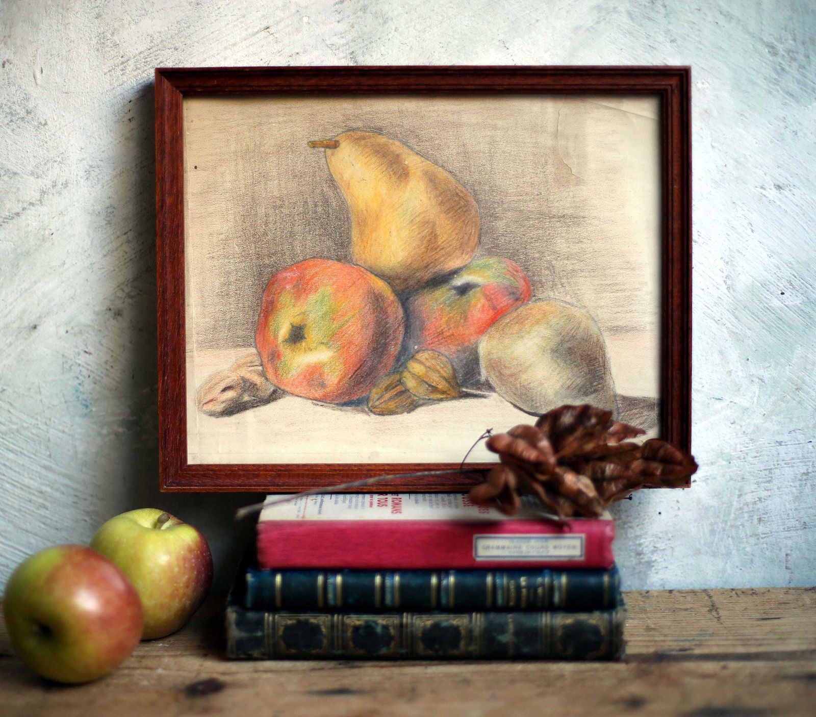 Original Fruit Drawing Apples & Pears Vintage French Still Life photo for sale