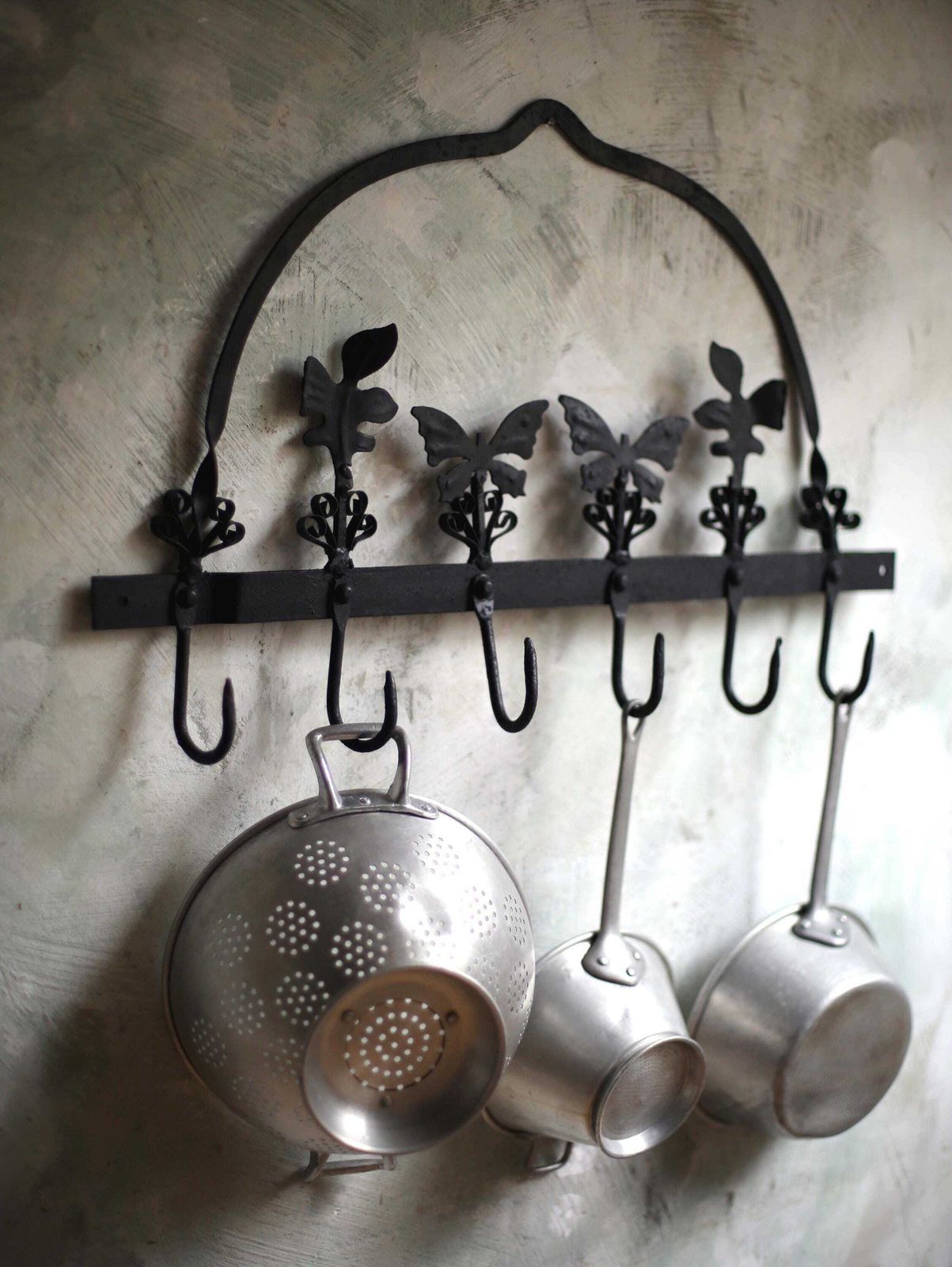 Antique Pan Rack Wall Mounted Pot Hanger Wrought Iron Hooks With Butterflies photo furniture