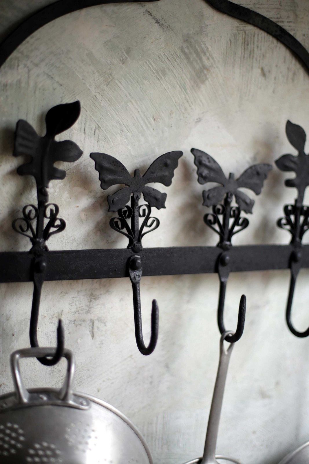 photo for sale Antique Pan Rack Wall Mounted Pot Hanger Wrought Iron Hooks With Butterflies