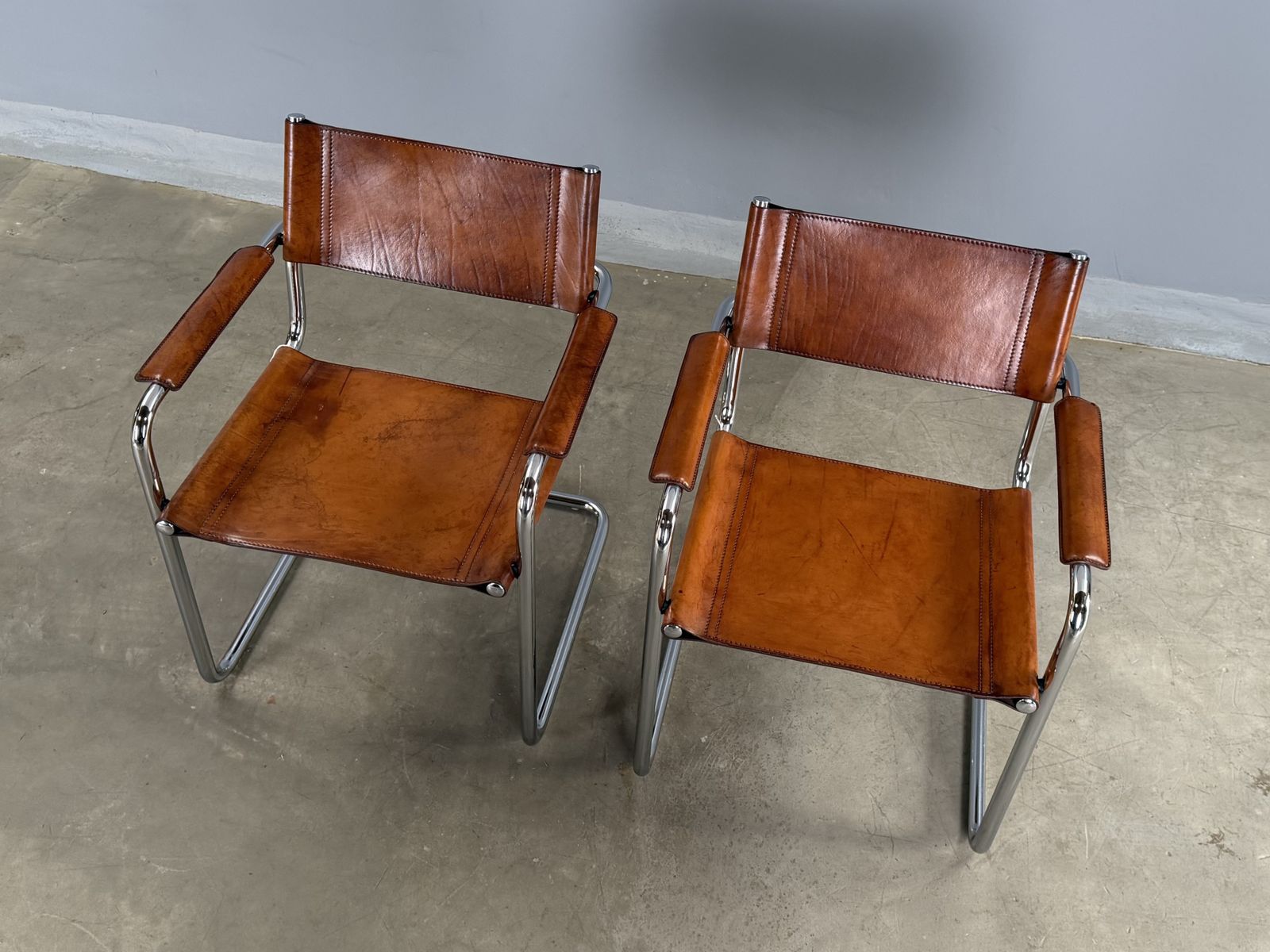 Pair Dining Or Desk Chair Mart Stam Marcel Breuer S34 Set Of 2 Two Chrome Tan Cognac Brown Leather Cantilever Bauhaus Matteo Grassi photo for sale