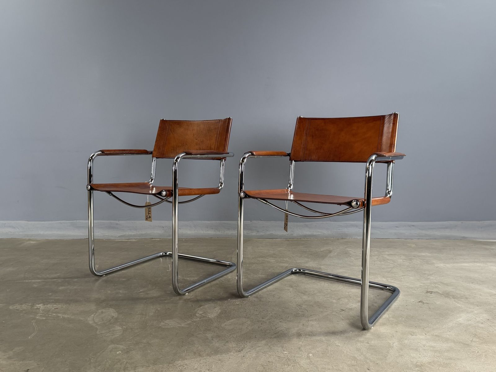 Pair Dining Or Desk Chair Mart Stam Marcel Breuer S34 Set Of 2 Two Chrome Tan Cognac Brown Leather Cantilever Bauhaus Matteo Grassi photo 2995.0