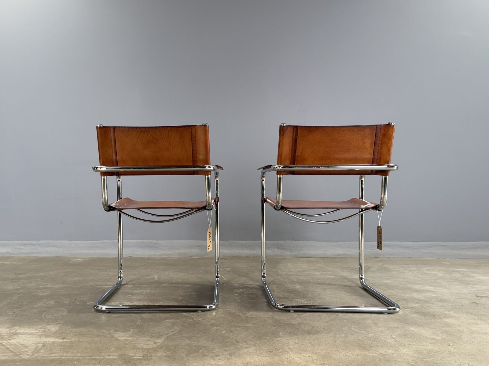 photo furniture Pair Dining Or Desk Chair Mart Stam Marcel Breuer S34 Set Of 2 Two Chrome Tan Cognac Brown Leather Cantilever Bauhaus Matteo Grassi