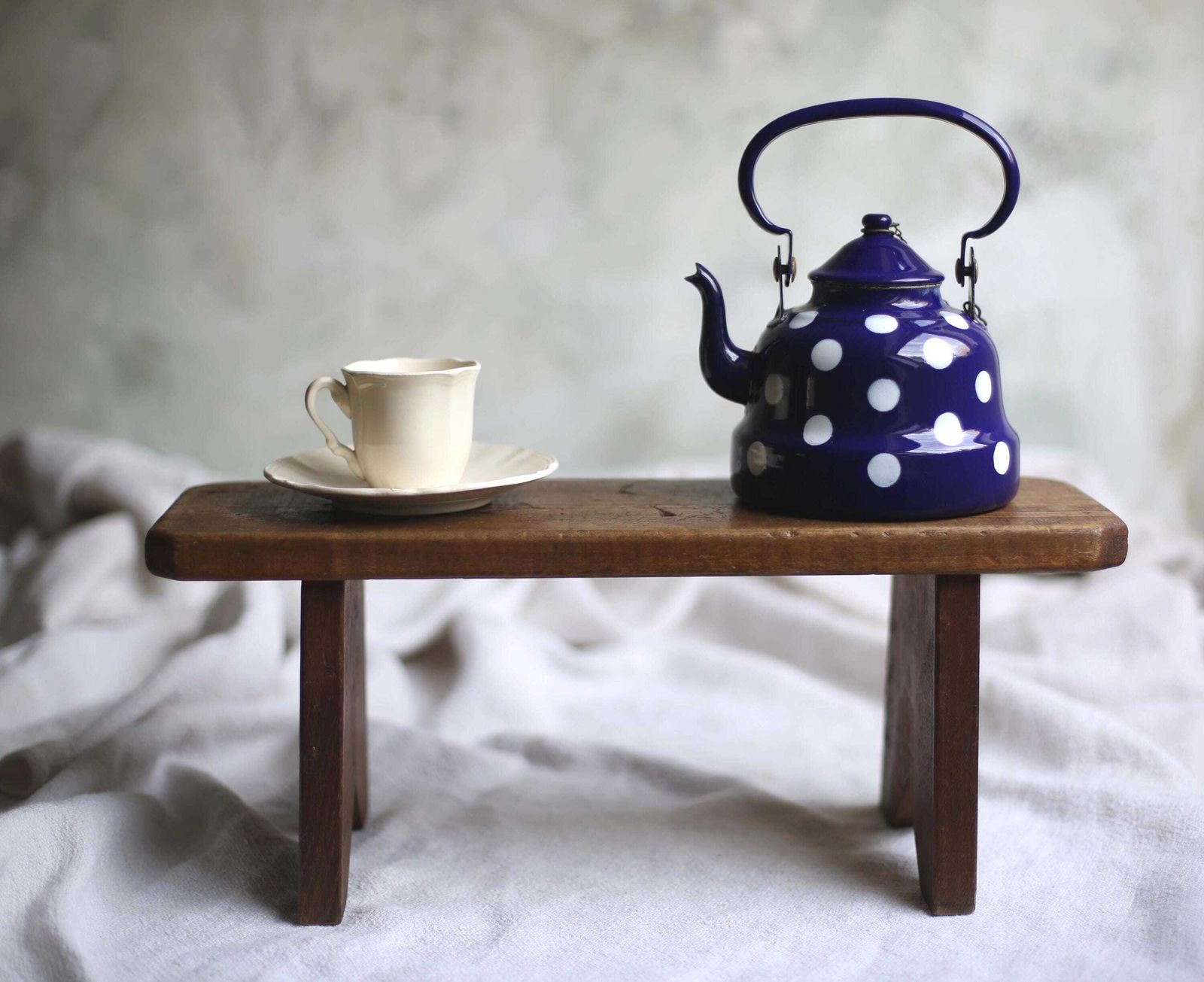 Vintage French Polka Dot Enamel Tea Kettle Blue & White Enamelware Spotty Teapot photo buy