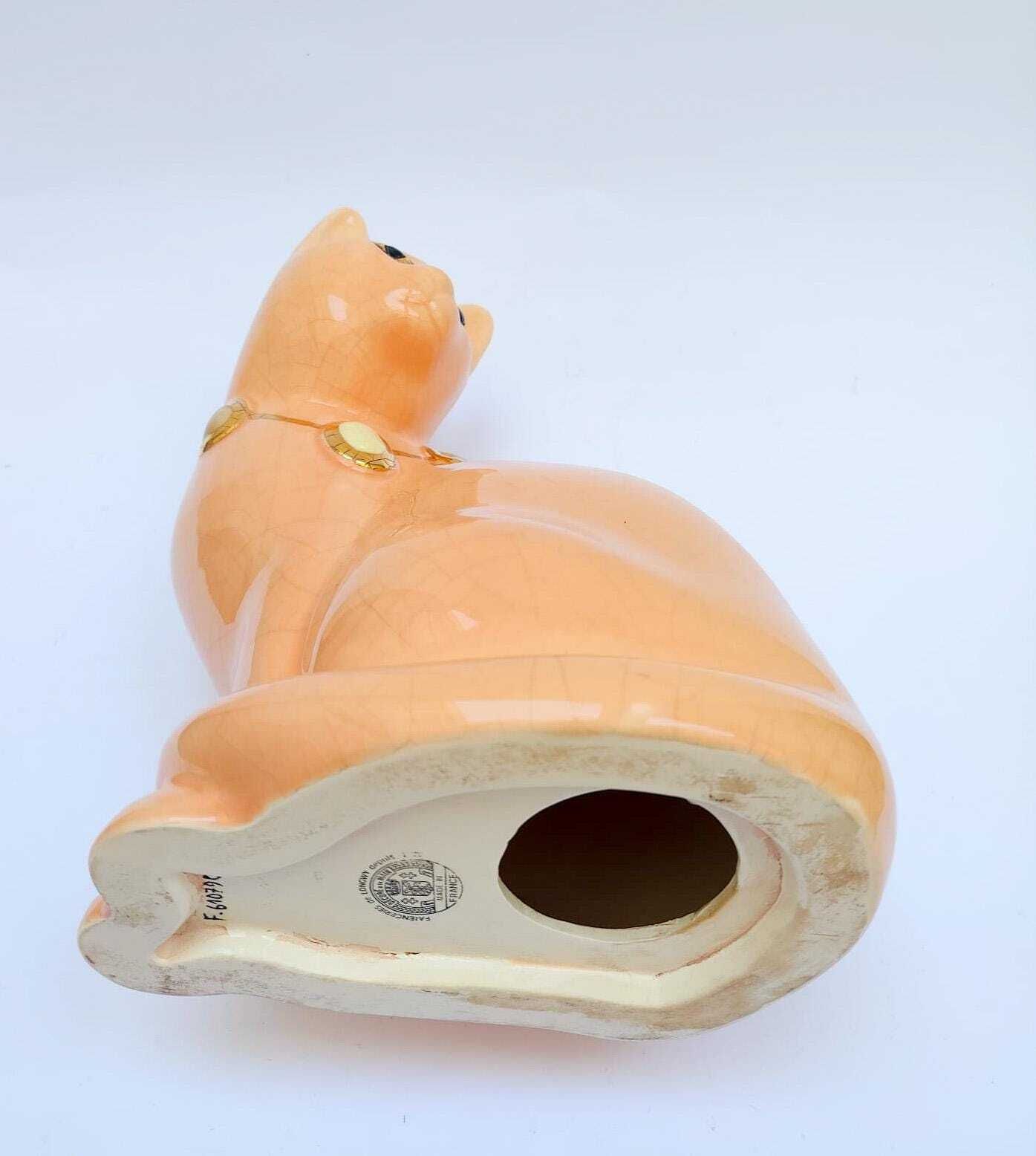 photo for sale Grand Chat Emaux De Longwy France Design Pink Cat Ceramic Cat Vintage Decorated Midcentury